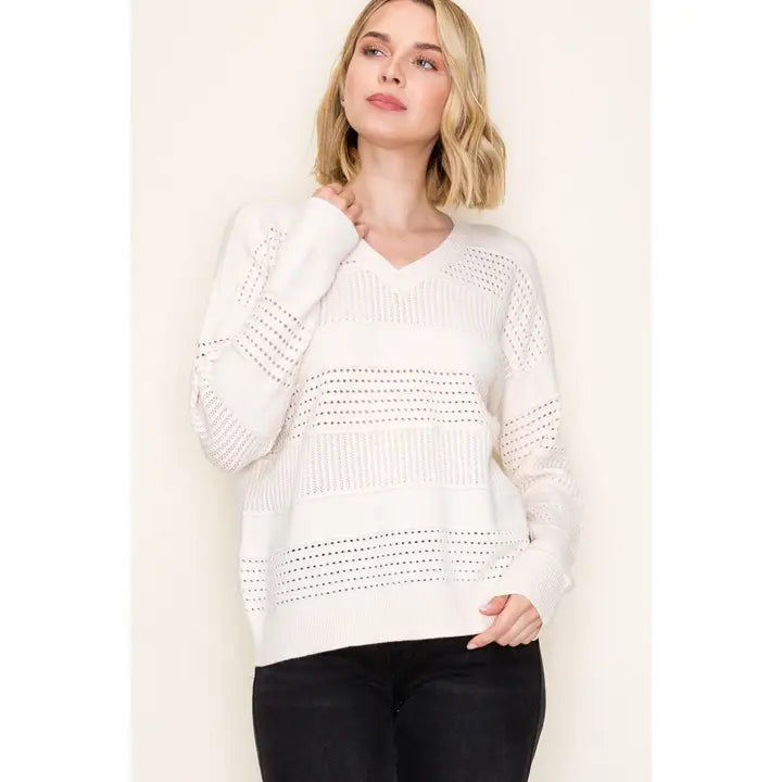 Pointelle Striped Sweater | Almond