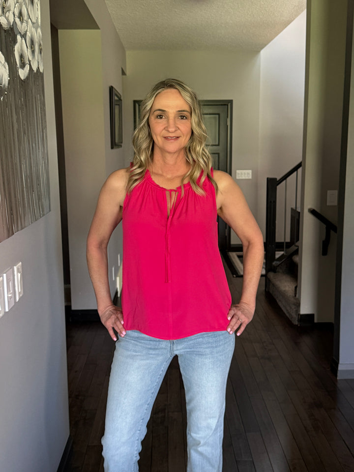 Lovestitch | Ruffle Tie Neck Sleeveless Top | Watermelon