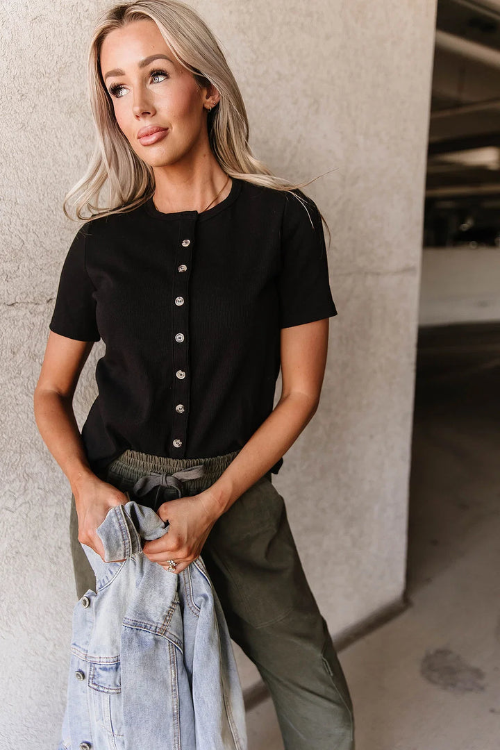 PREORDER  Ampersand Ave | Button Front Lulu Tee | Black - ETA END OCT / EARLY NOV