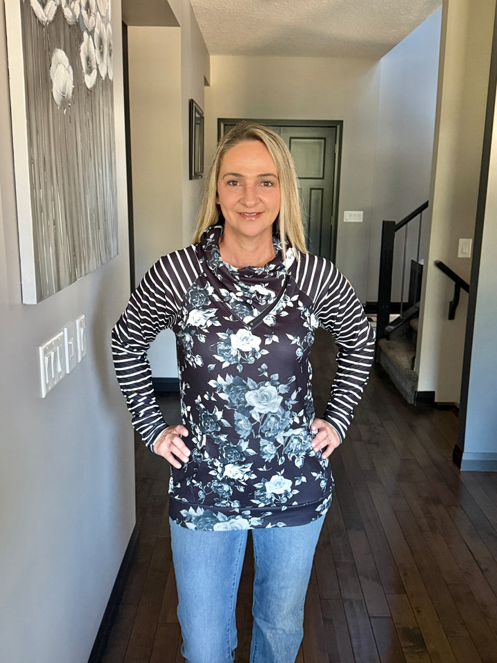 Michelle Mae | Zoey ZipCowl Sweatshirt | Black Floral & Stripes