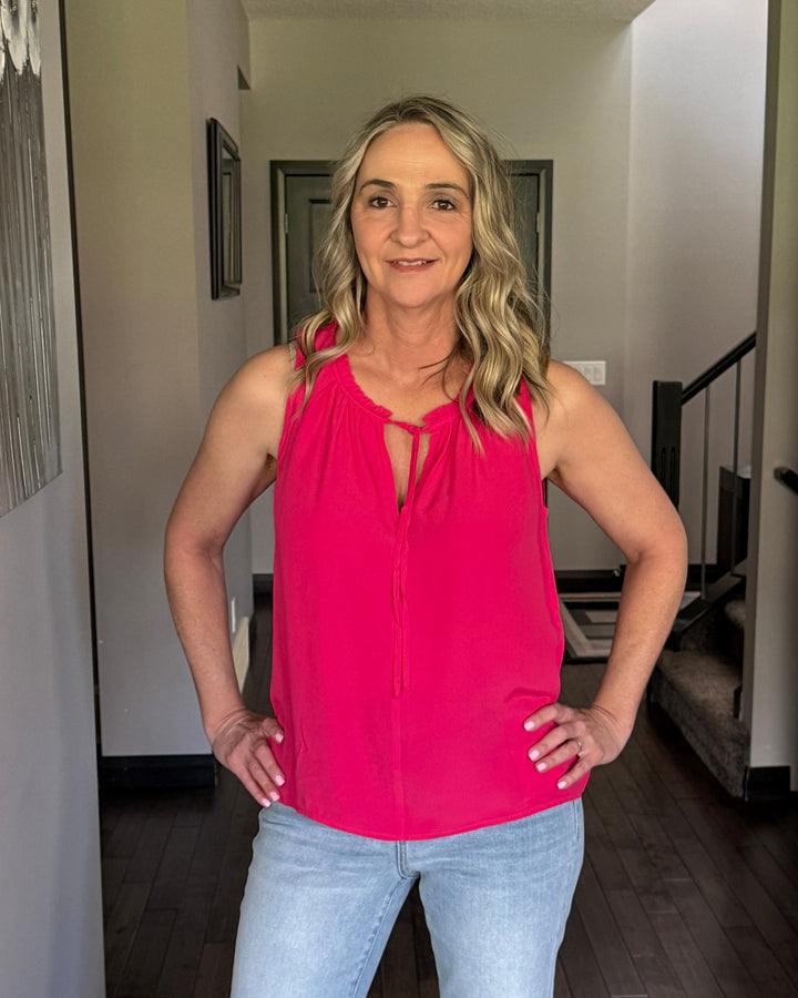 Lovestitch | Ruffle Tie Neck Sleeveless Top | Watermelon