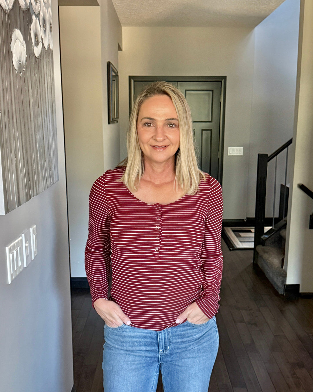 Michelle Mae | Striped Henley Long Sleeve | Burgundy