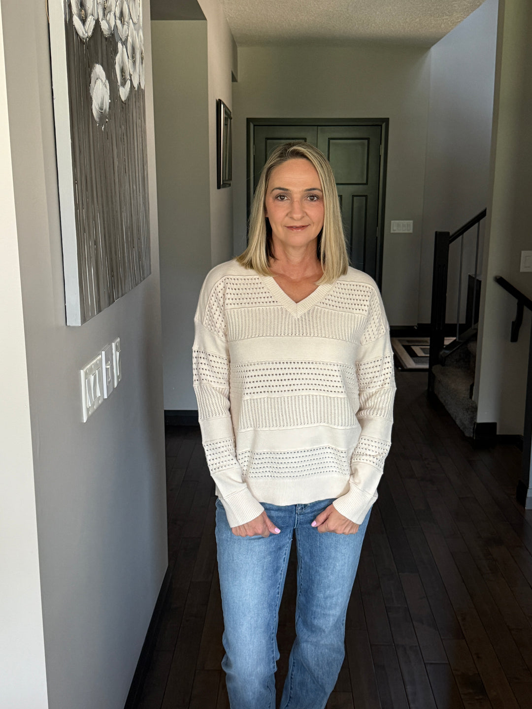 Pointelle Striped Sweater | Almond