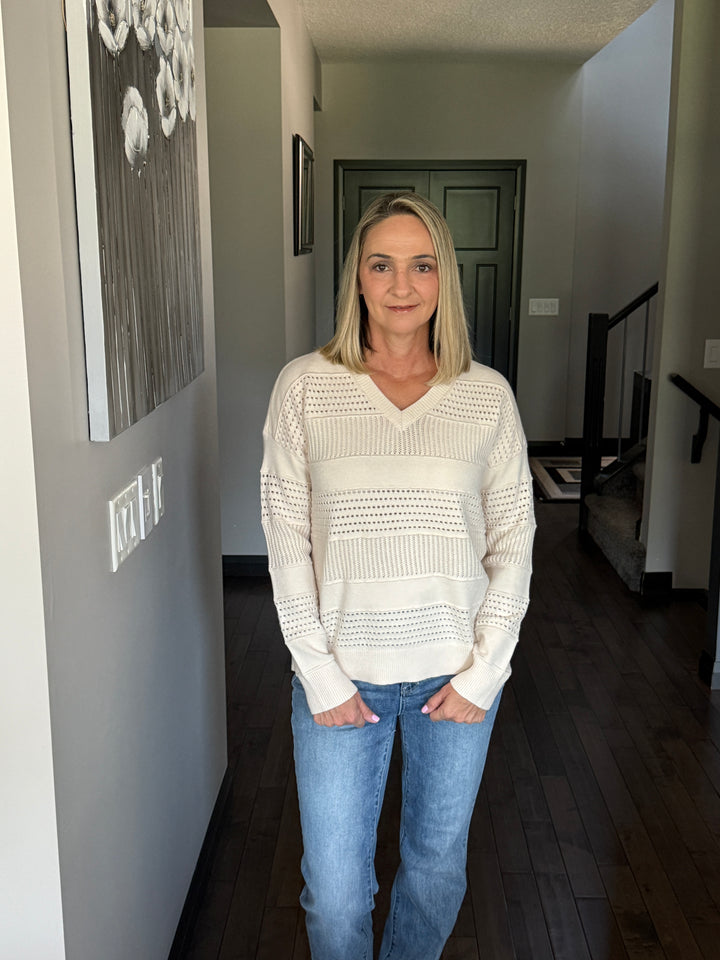 Pointelle Striped Sweater | Almond