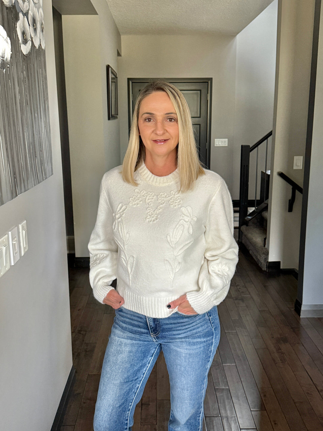 RD Style | Rhiana Floral Embroidered Knit Sweater | Cream