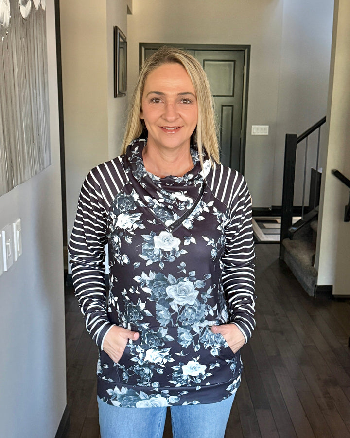 Michelle Mae | Zoey ZipCowl Sweatshirt | Black Floral & Stripes