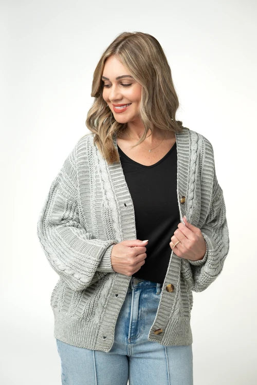PREORDER  Michelle Mae | Cable Cardigan | Grey - ETA MID AUG