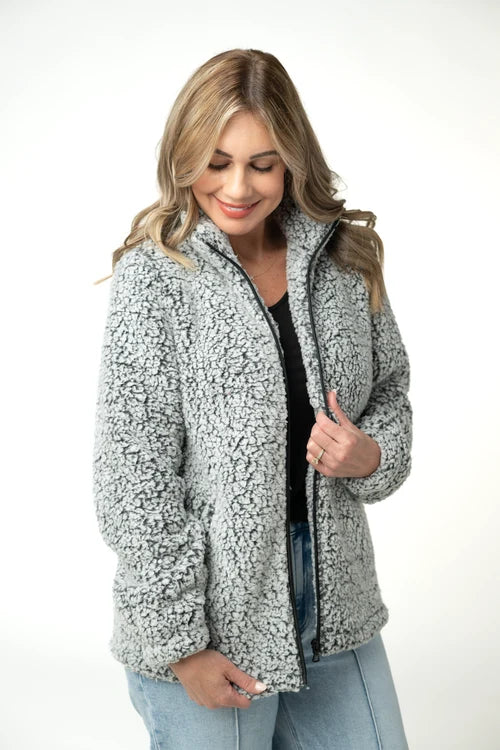 PREORDER  Michelle Mae | Two Tone FullZip Sherpa | Charcoal & White