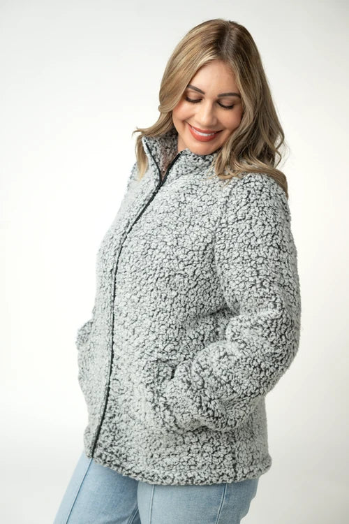 PREORDER  Michelle Mae | Two Tone FullZip Sherpa | Charcoal & White