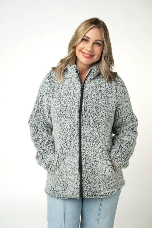 PREORDER  Michelle Mae | Two Tone FullZip Sherpa | Charcoal & White