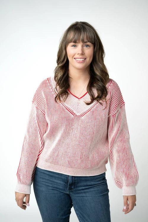 PREORDER  Michelle Mae | Candy Cane V-Neck Pullover