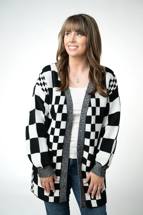 PREORDER  Michelle Mae | Long Checkered Pocket Cardigan | Black & White