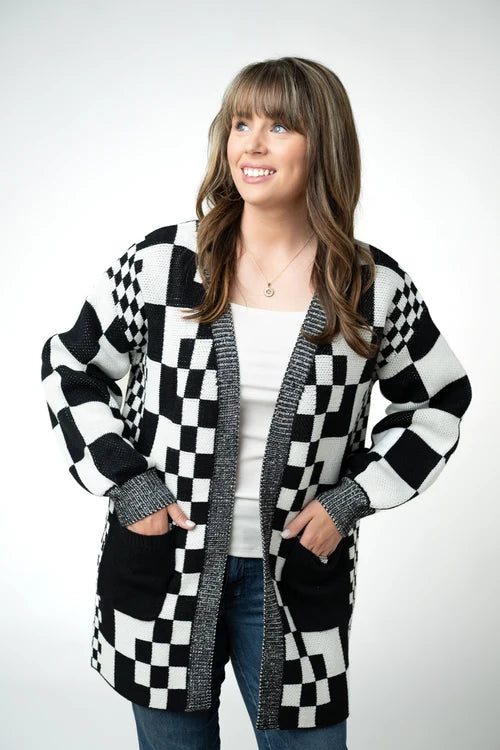 PREORDER  Michelle Mae | Long Checkered Pocket Cardigan | Black & White