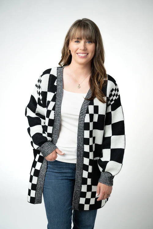 PREORDER  Michelle Mae | Long Checkered Pocket Cardigan | Black & White