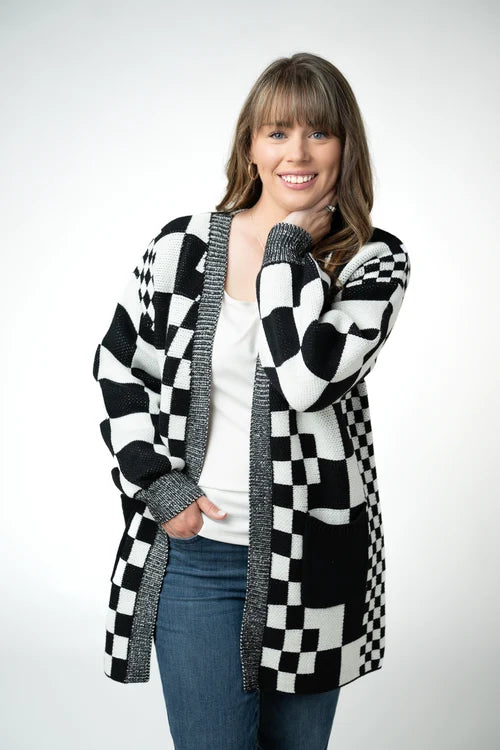 PREORDER  Michelle Mae | Long Checkered Pocket Cardigan | Black & White