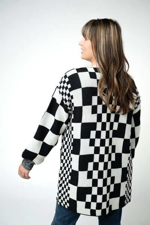 PREORDER  Michelle Mae | Long Checkered Pocket Cardigan | Black & White