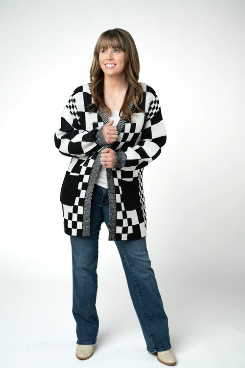 PREORDER  Michelle Mae | Long Checkered Pocket Cardigan | Black & White