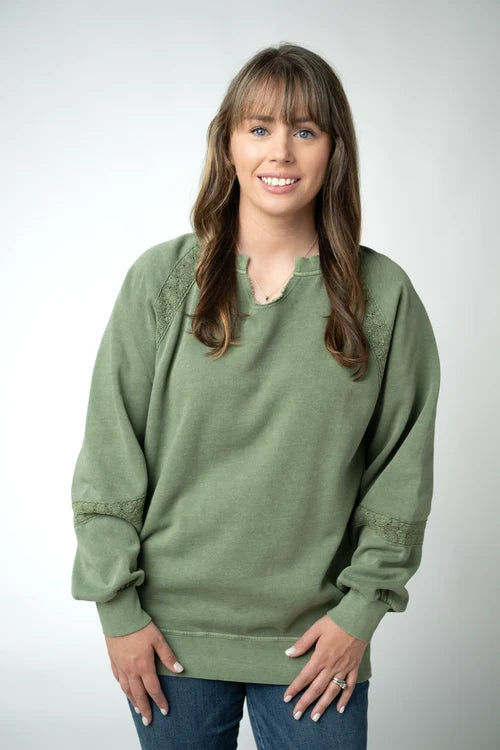 PREORDER  Michelle Mae | Lace Accent Vintage Wash Pullover | Olive