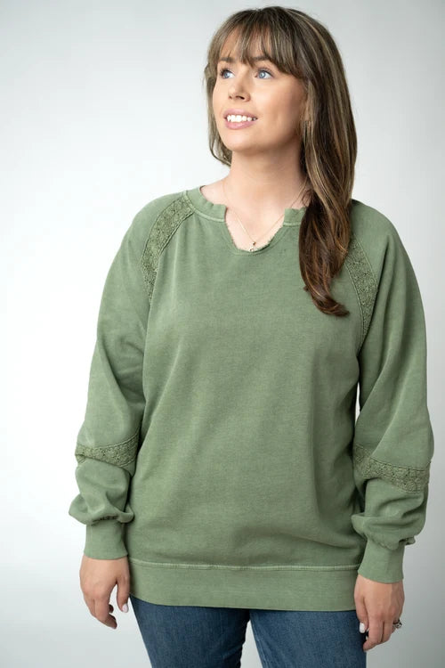 PREORDER  Michelle Mae | Lace Accent Vintage Wash Pullover | Olive