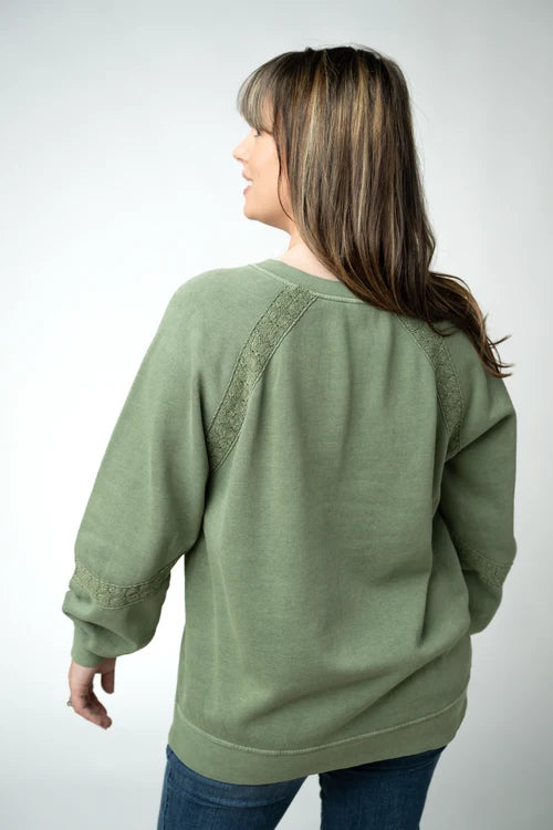 PREORDER  Michelle Mae | Lace Accent Vintage Wash Pullover | Olive