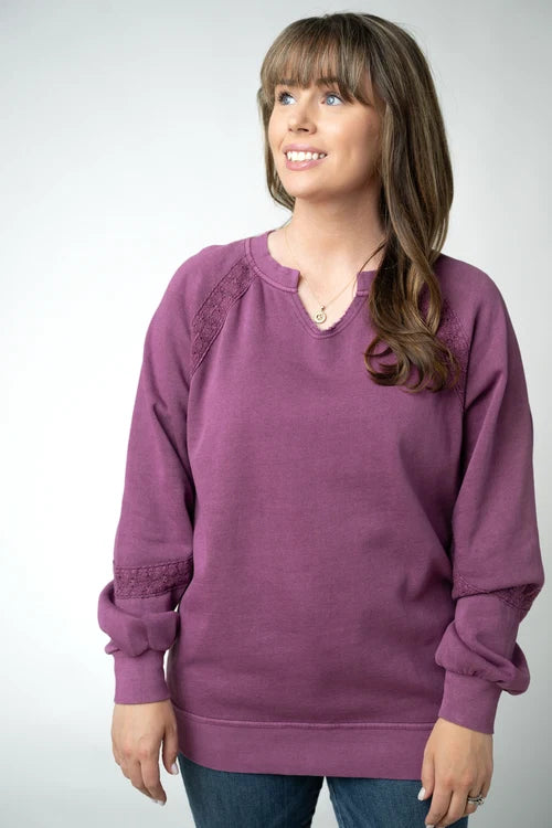 PREORDER  Michelle Mae | Lace Accent Vintage Wash Pullover | Purple