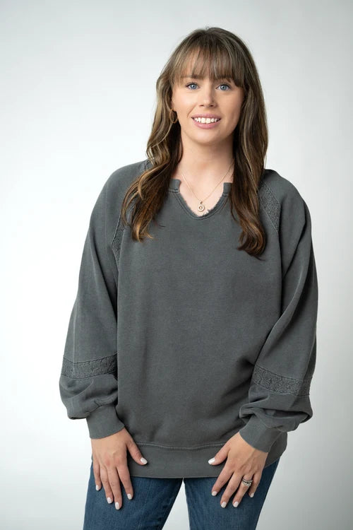PREORDER  Michelle Mae | Lace Accent Vintage Wash Pullover | Black