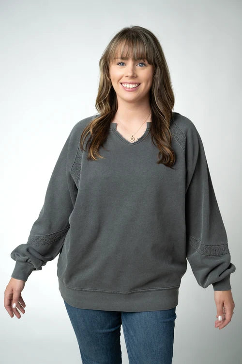 PREORDER  Michelle Mae | Lace Accent Vintage Wash Pullover | Black