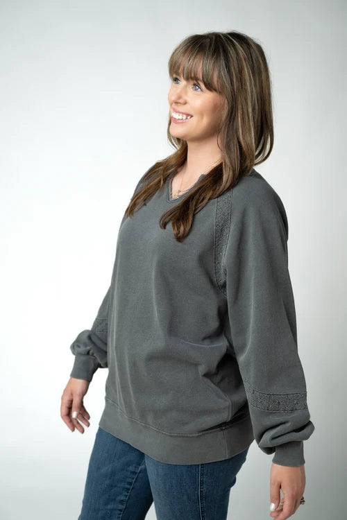 PREORDER  Michelle Mae | Lace Accent Vintage Wash Pullover | Black