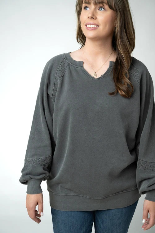 PREORDER  Michelle Mae | Lace Accent Vintage Wash Pullover | Black