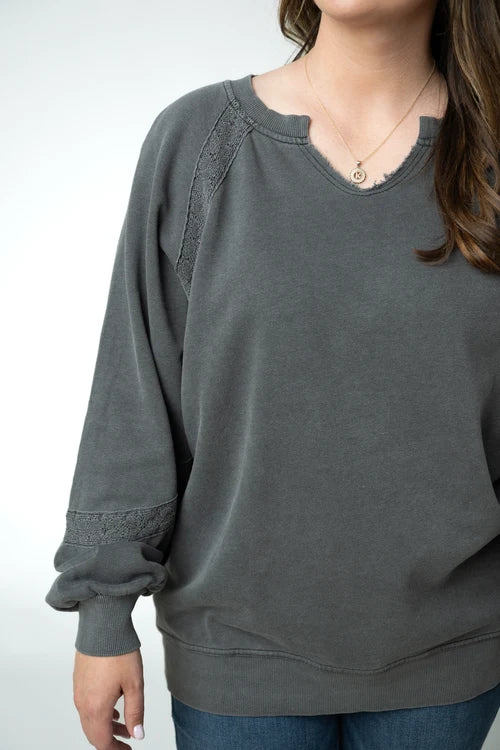 PREORDER  Michelle Mae | Lace Accent Vintage Wash Pullover | Black