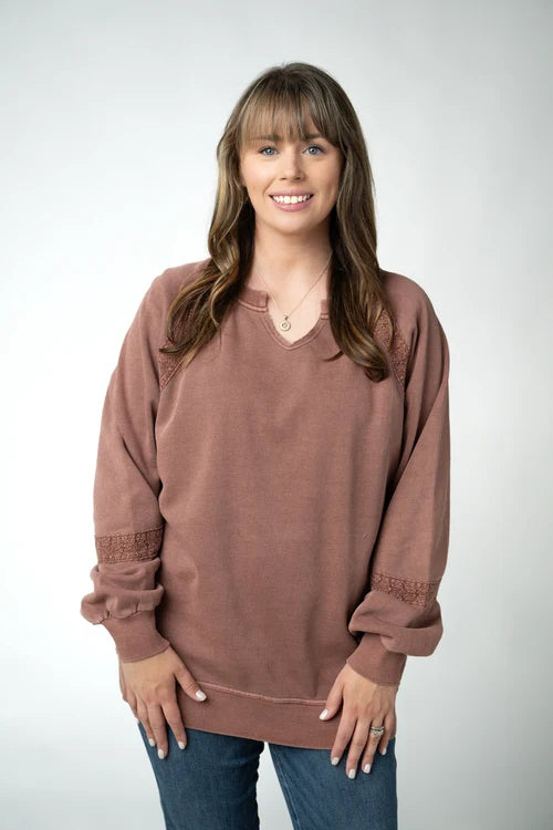 PREORDER  Michelle Mae | Lace Accent Vintage Wash Pullover | Brown