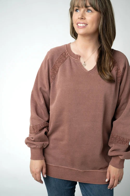 PREORDER  Michelle Mae | Lace Accent Vintage Wash Pullover | Brown