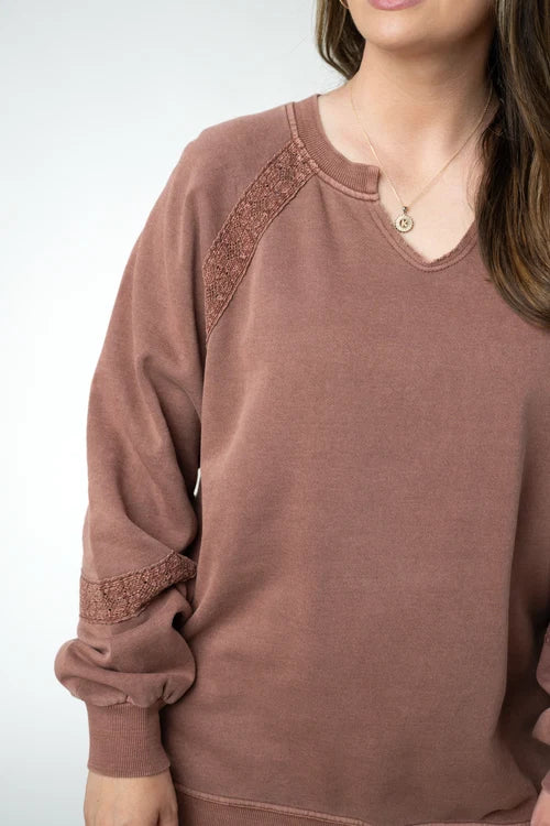 PREORDER  Michelle Mae | Lace Accent Vintage Wash Pullover | Brown