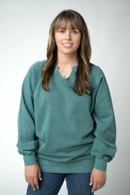 PREORDER  Michelle Mae | Lace Accent Vintage Wash Pullover | Teal