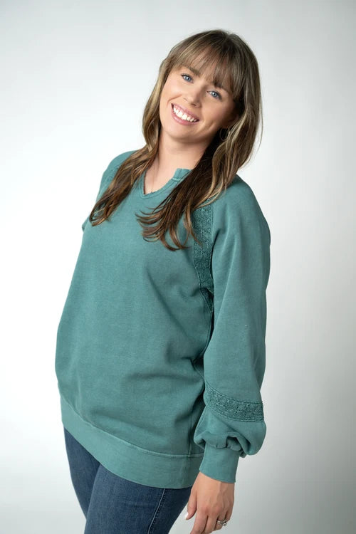 PREORDER  Michelle Mae | Lace Accent Vintage Wash Pullover | Teal