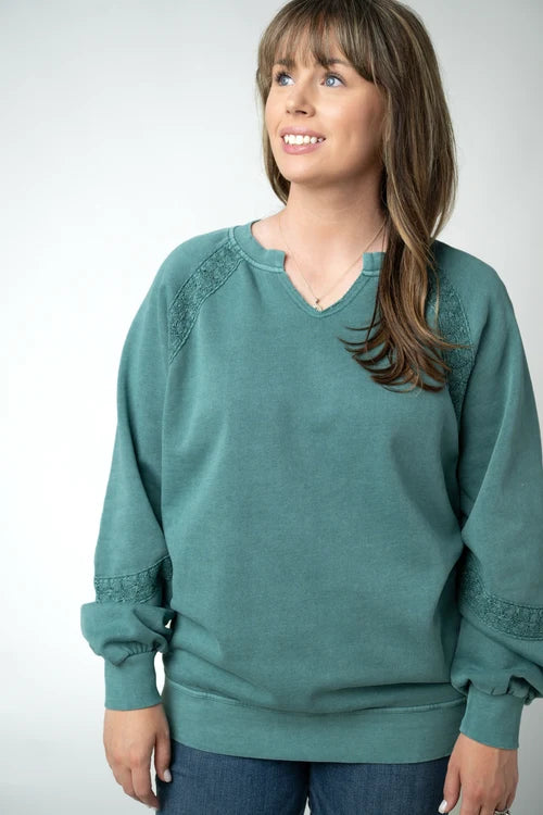 PREORDER  Michelle Mae | Lace Accent Vintage Wash Pullover | Teal