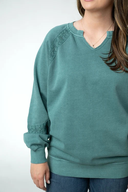 PREORDER  Michelle Mae | Lace Accent Vintage Wash Pullover | Teal