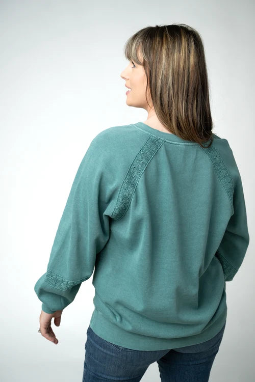 PREORDER  Michelle Mae | Lace Accent Vintage Wash Pullover | Teal