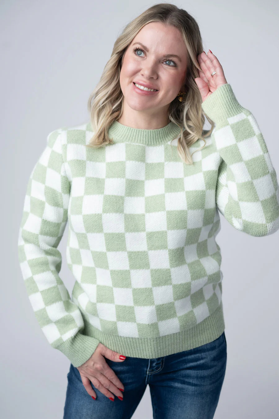 Michelle Mae | Checkered Sweater | Sage & White