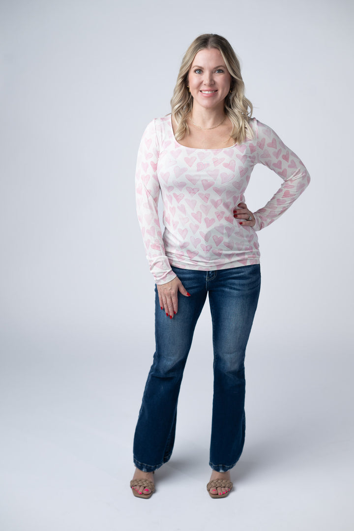 Michelle Mae | Alyssa Long Sleeve Top | Blushing Pink Hearts