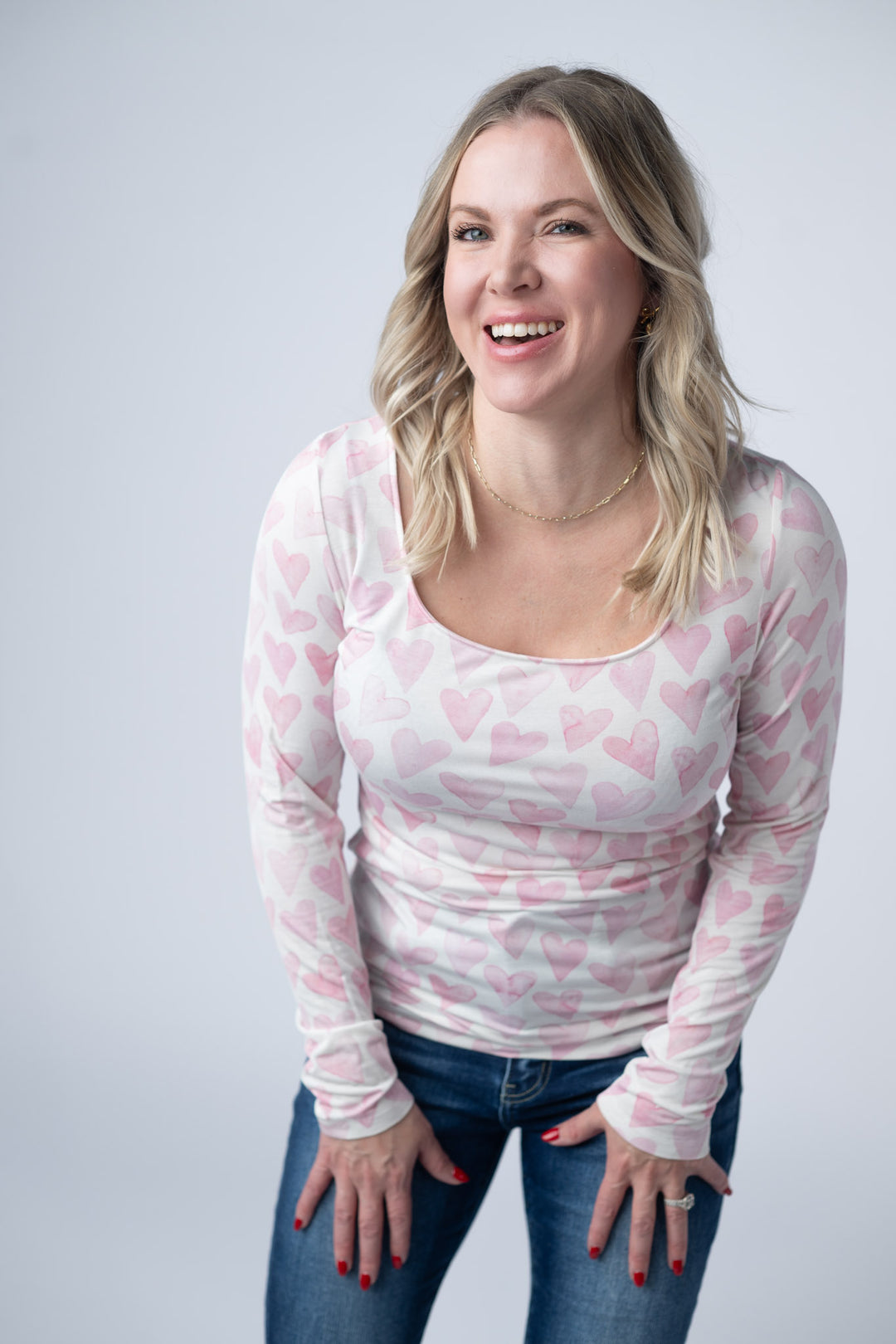 Michelle Mae | Alyssa Long Sleeve Top | Blushing Pink Hearts