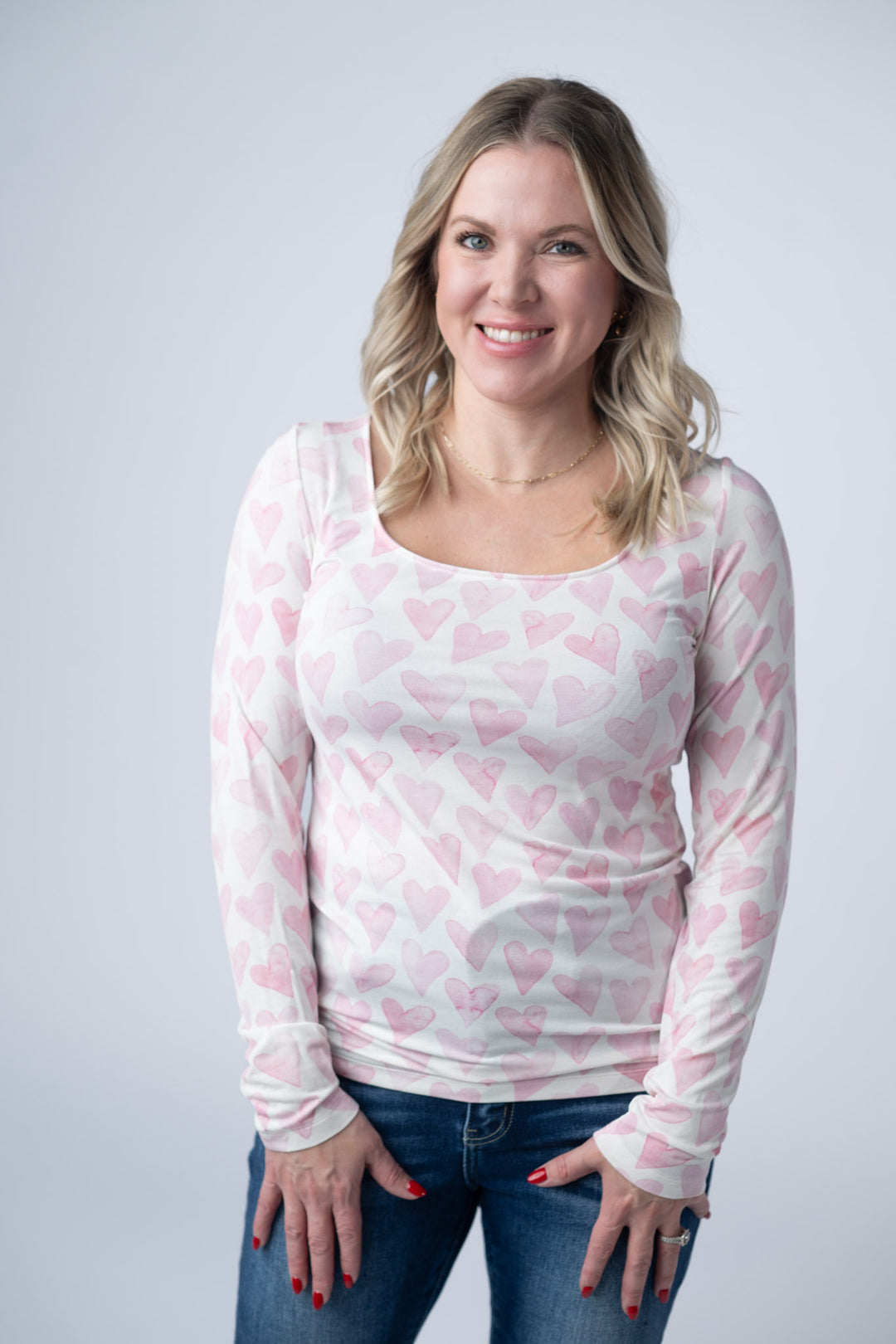 Michelle Mae | Alyssa Long Sleeve Top | Blushing Pink Hearts