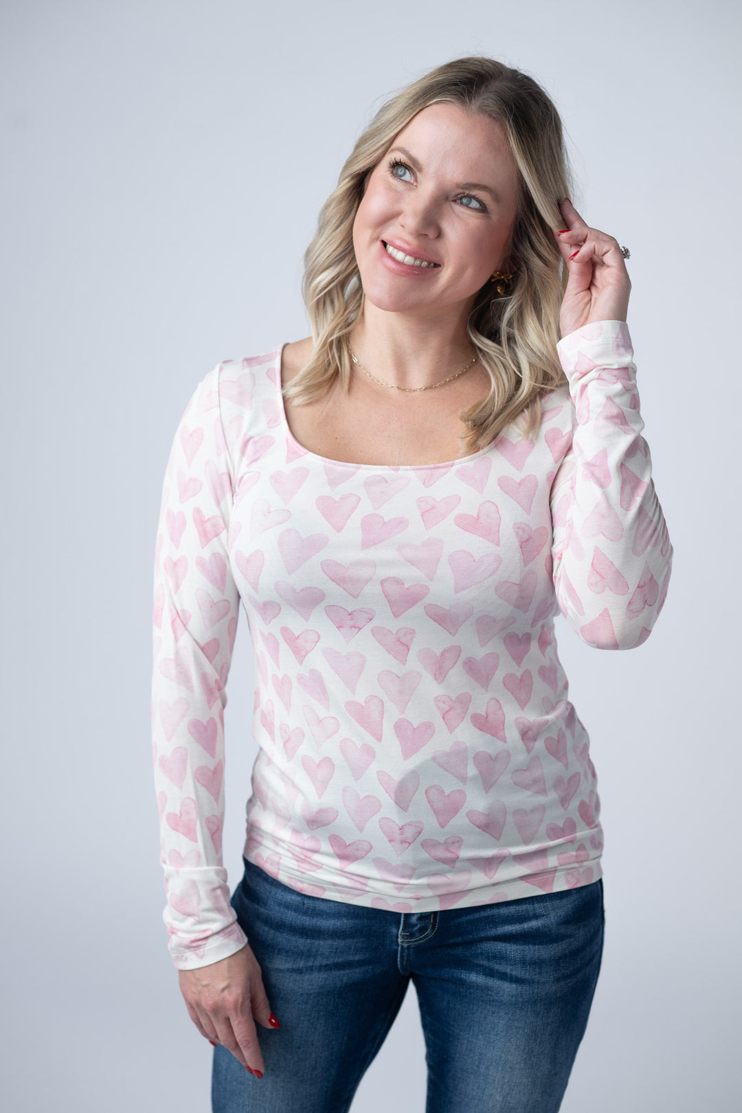 Michelle Mae | Alyssa Long Sleeve Top | Blushing Pink Hearts