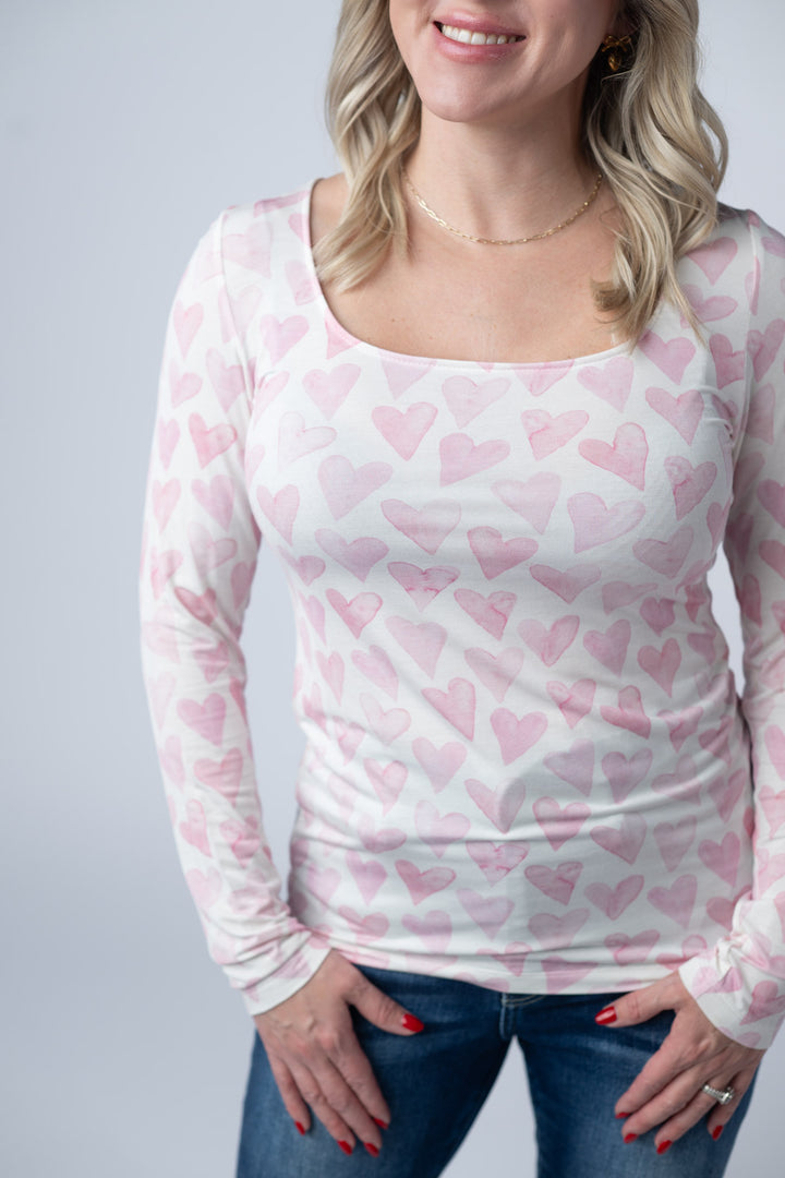 Michelle Mae | Alyssa Long Sleeve Top | Blushing Pink Hearts