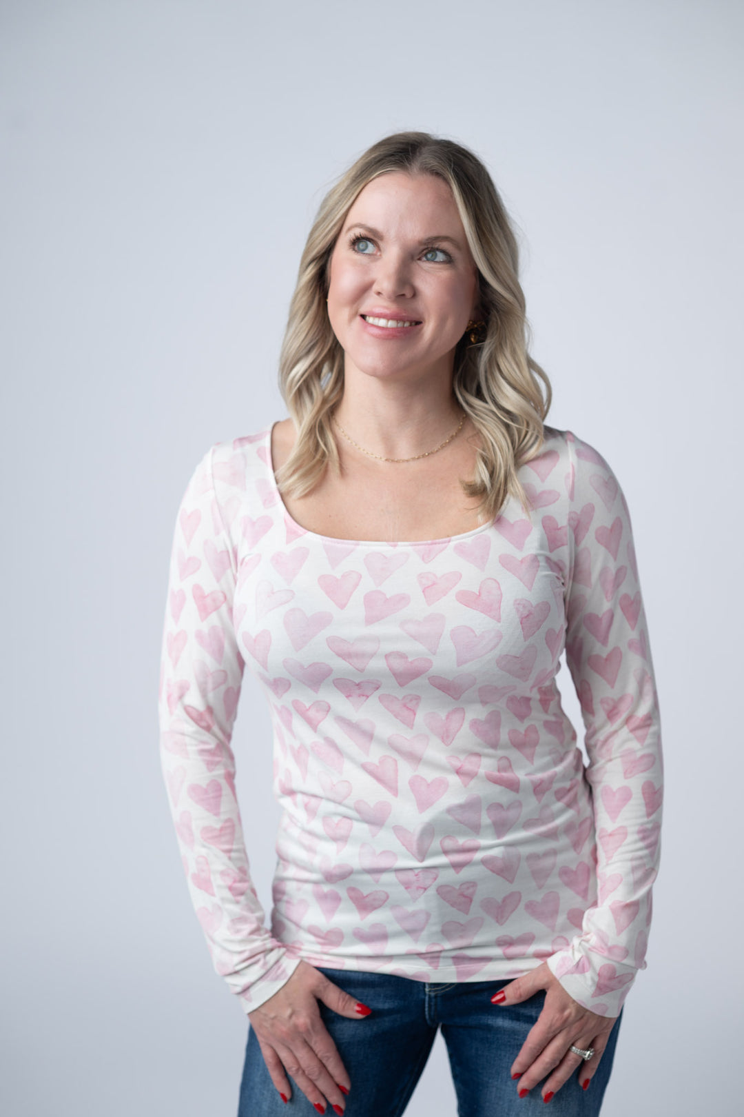 Michelle Mae | Alyssa Long Sleeve Top | Blushing Pink Hearts