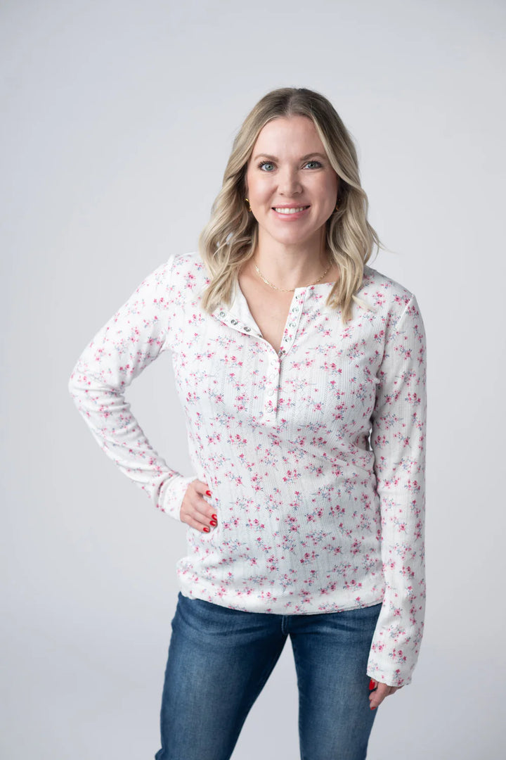 Michelle Mae | Button Snap Henley Top | Micro Pink Floral