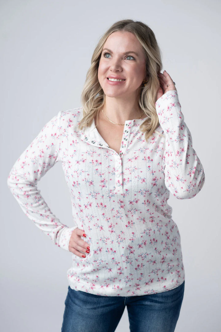 Michelle Mae | Button Snap Henley Top | Micro Pink Floral