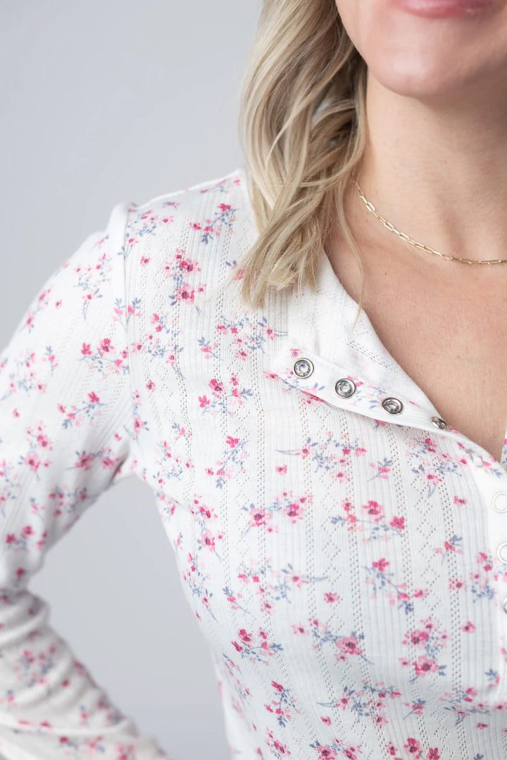Michelle Mae | Button Snap Henley Top | Micro Pink Floral