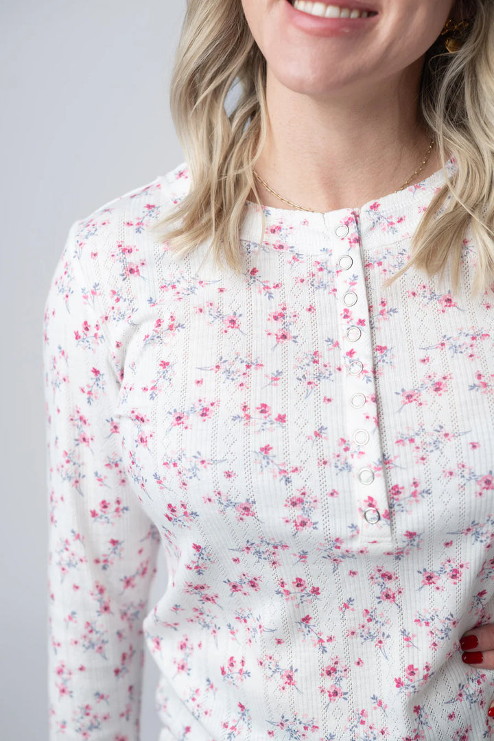 Michelle Mae | Button Snap Henley Top | Micro Pink Floral