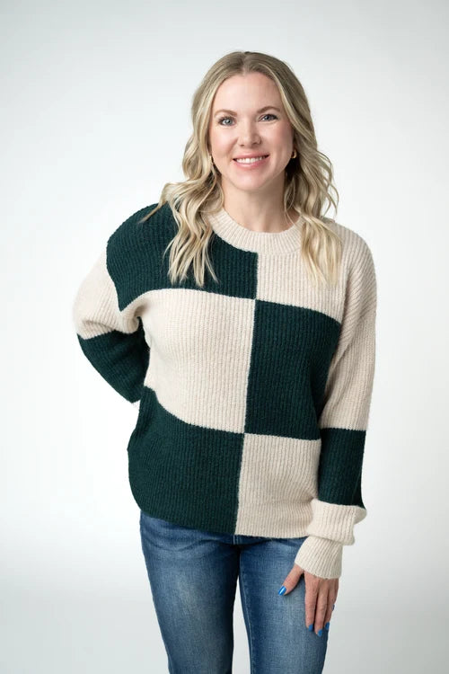PREORDER  Michelle Mae | Checkered Block Sweater | Cream and Evergreen